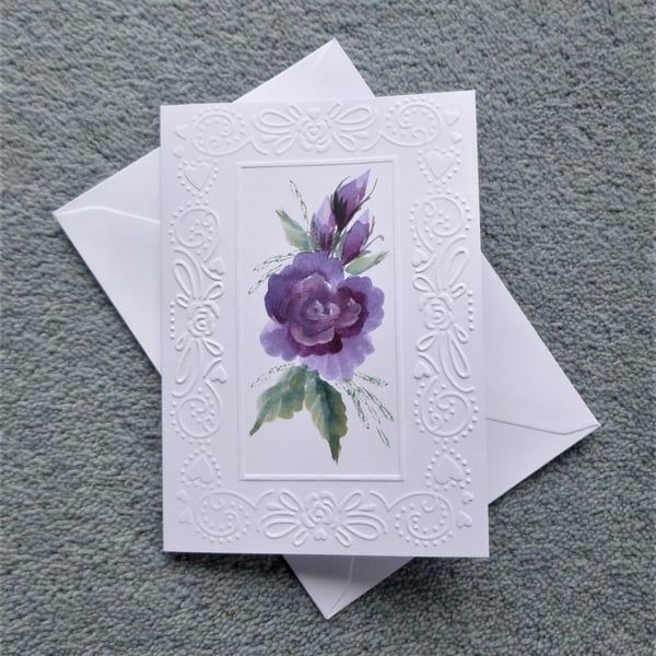 purple rose hand painted blank greetings card ( ref F 274 )