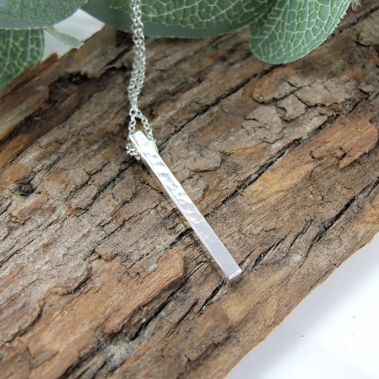 Silver Bar Necklace with Hammered Texture