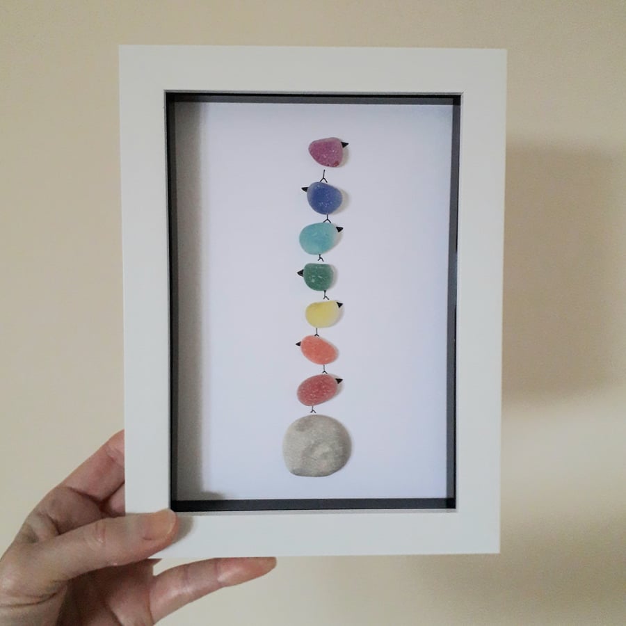 Cute Balancing Rainbow Birds Sea Glass Art, Beach Glass Gift for Yoga Lover