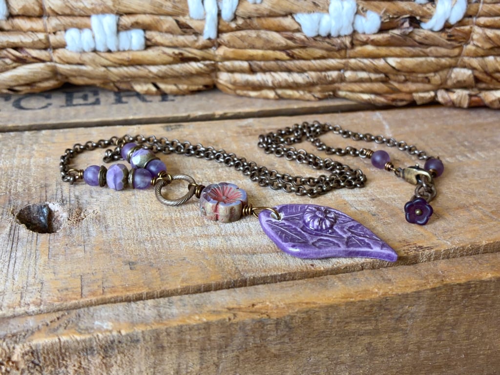Handmade Purple Floral Necklace. Porcelain Ceramic Pendant with Brass Chain