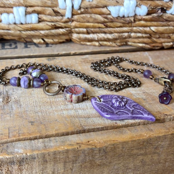 Handmade Purple Floral Necklace. Porcelain Ceramic Pendant with Brass Chain