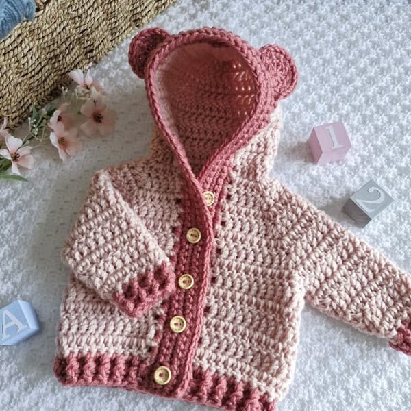 Crochet Teddy Bear Baby Cardigan with Hood – New Baby Gift