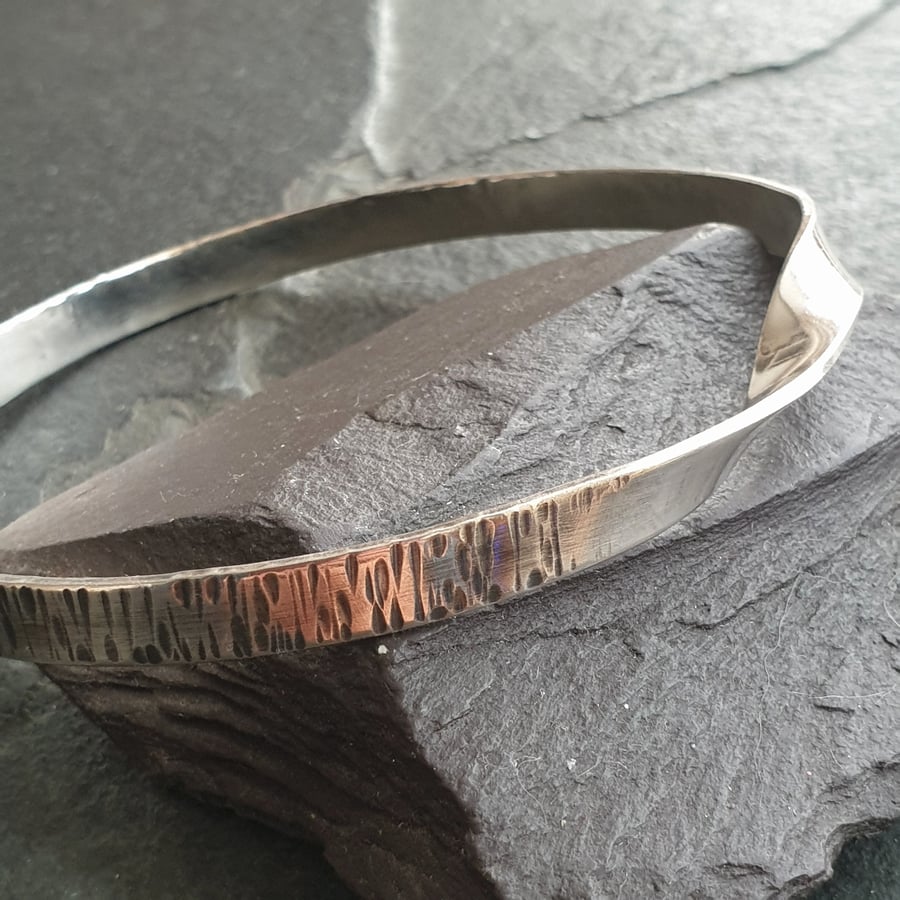 Silver Mobius Bangle, Tree Bark Texture Twisted Bangle