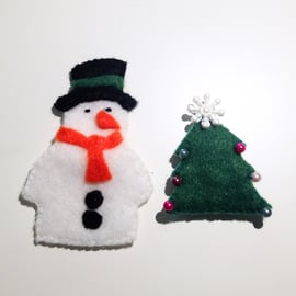 Beautiful Bundle of Felt Snowman and Festive Tree Brooches - UK Free Post