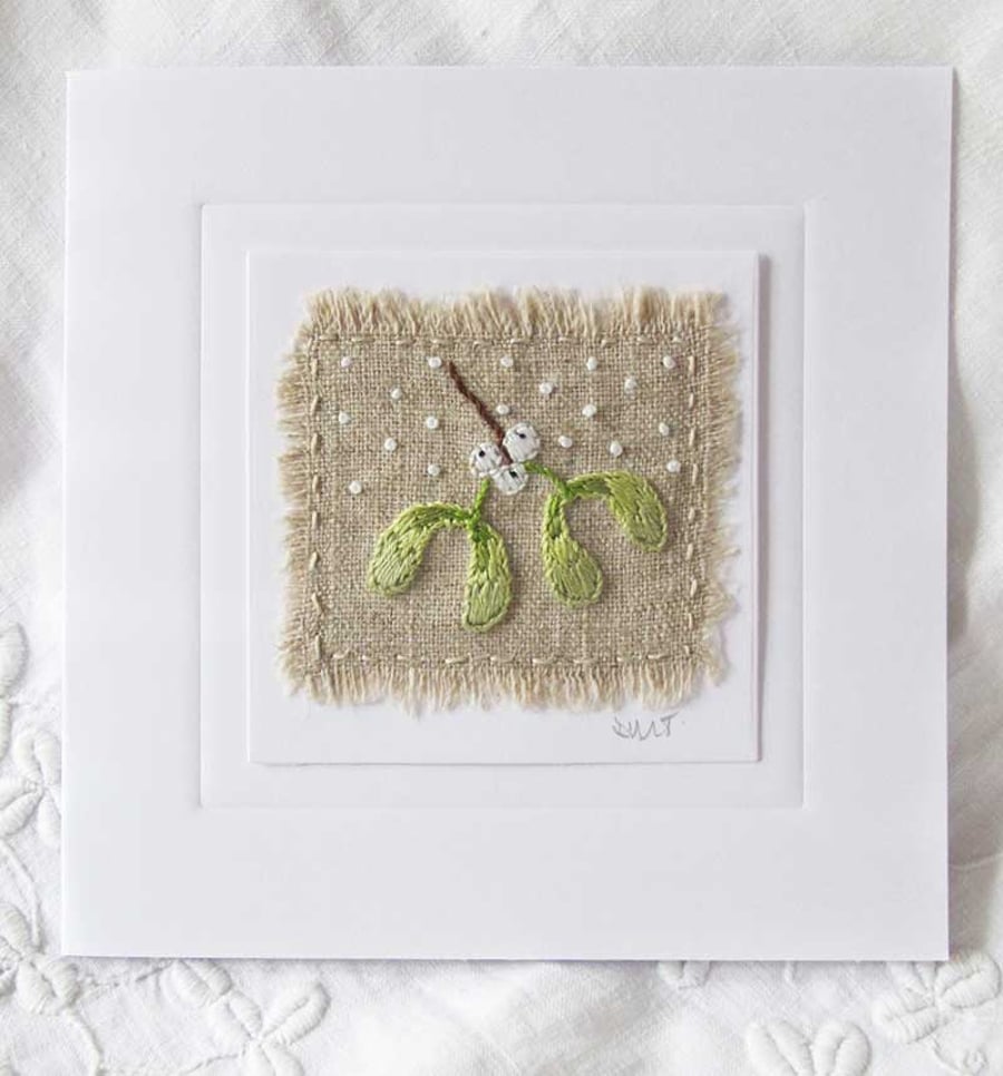 HAND EMBROIDERED CHRISTMAS MISTLETOE CARD