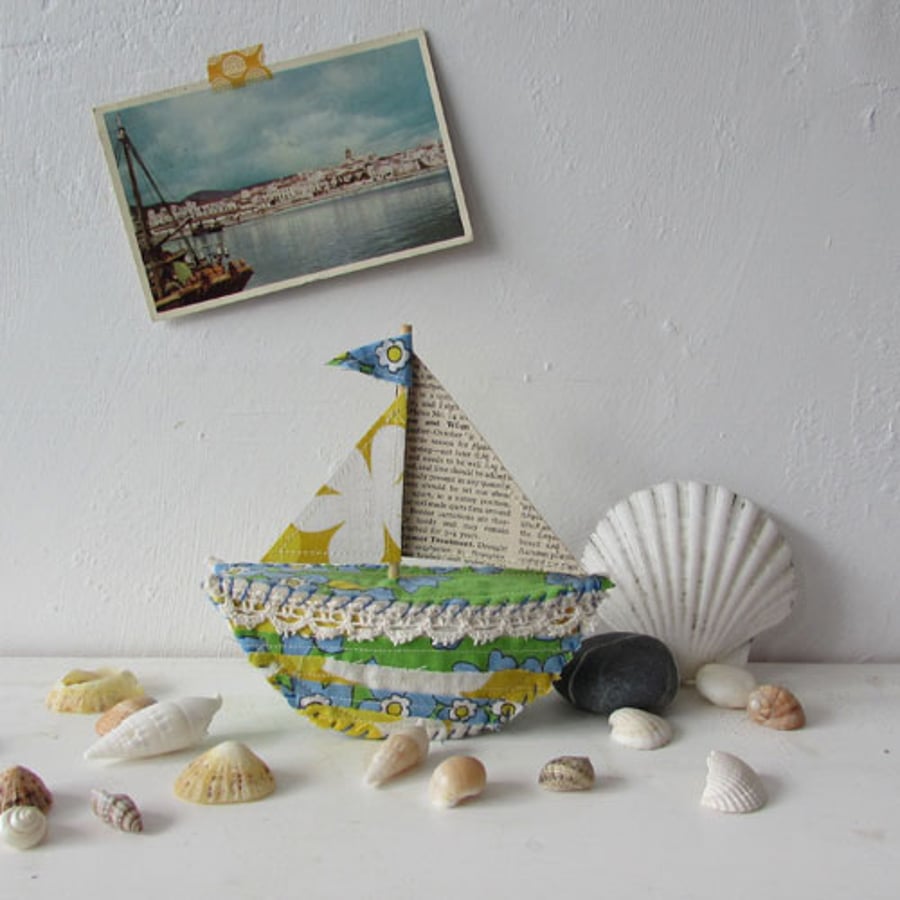 Little blue and yellow boat - textile sail boat