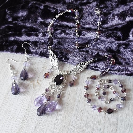 Purple Crystal Glass Necklace & Earrings, Victorian Style Jewellery Set
