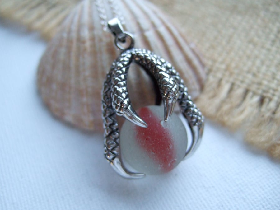 Sea glass marble dragon claw necklace, dragon pendant, red cat's eye sea glass