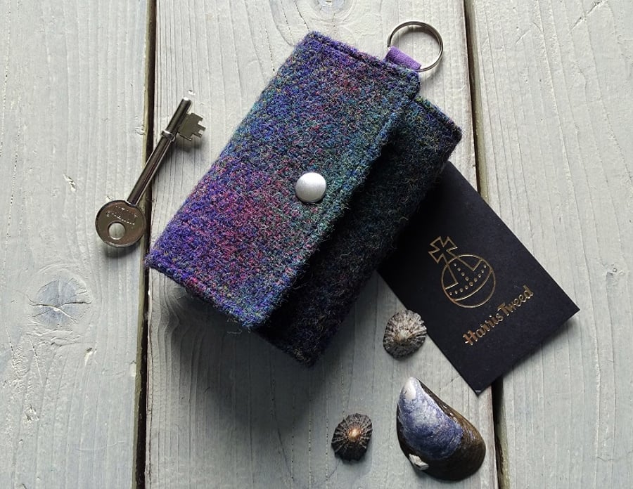 Harris Tweed keys wallet, small coin purse in deep purple and dark green