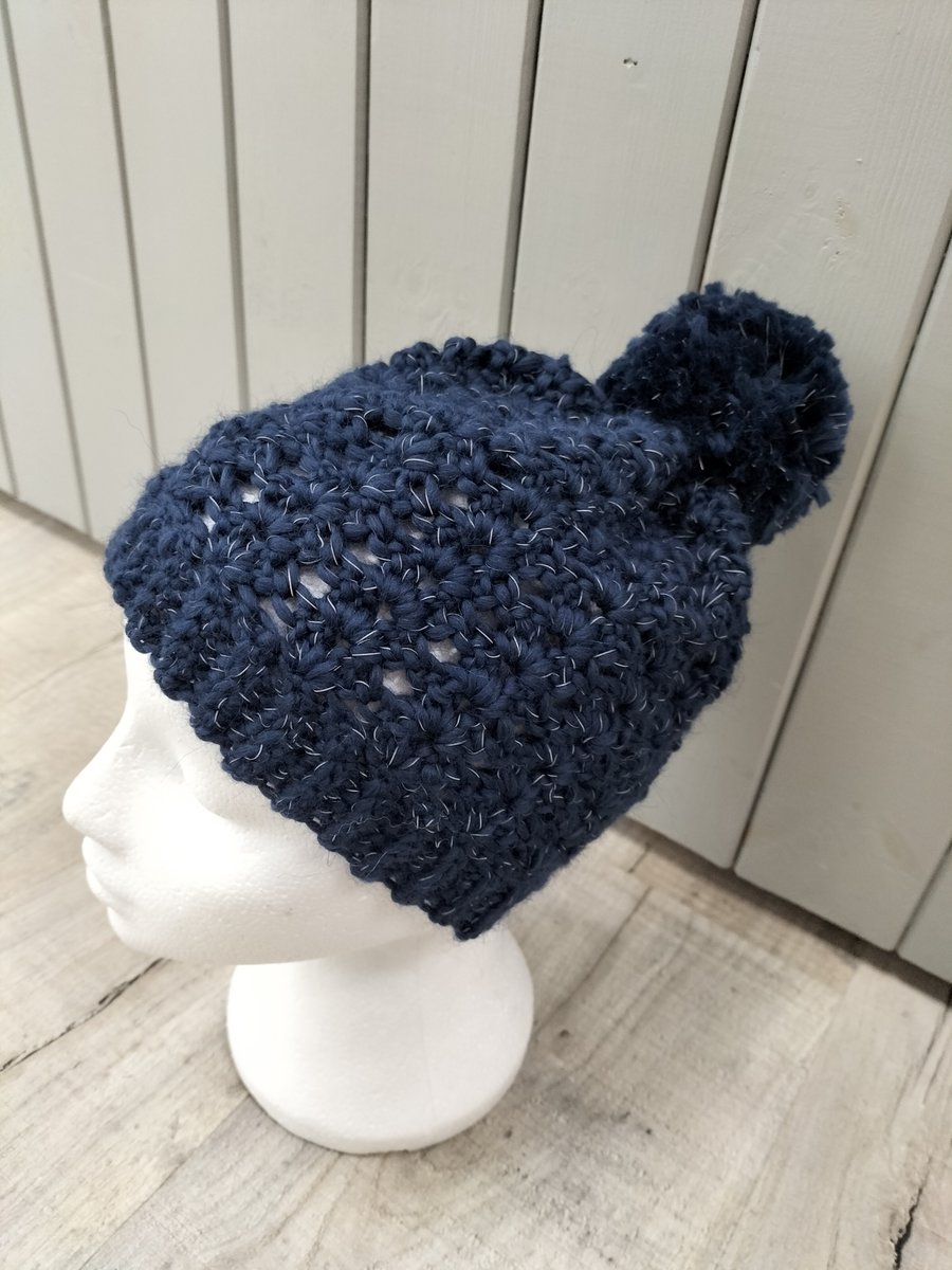 Hand crochet blue pompom bobble  chunky hat with reflective yarn