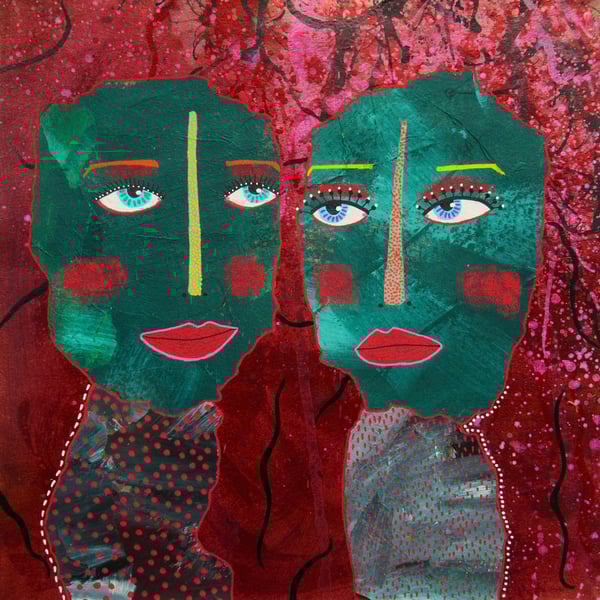 Outsider Art Brut Portrait Painting Abstract Surreal Faces Mixed Media Figures 1