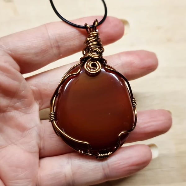 Unisex mens large wire wrap Red Carnelian pendant necklace. July Birthstone