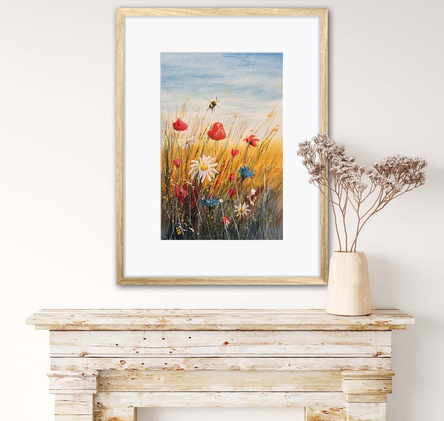 Beautiful wildflower meadow watercolour art print 
