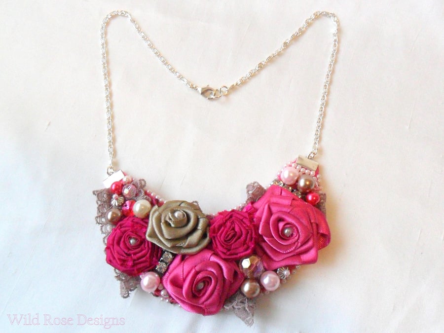 Pink statement necklace. Fabric and bead necklace.