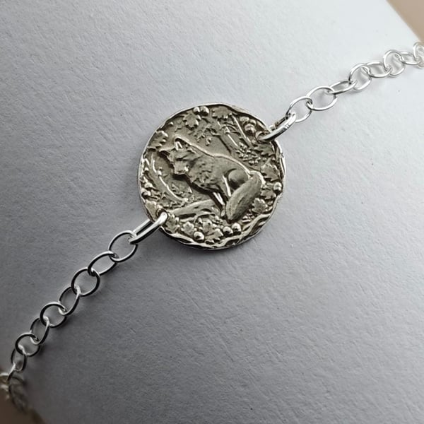 Fox Engraved Sterling Silver Coin Bracelet