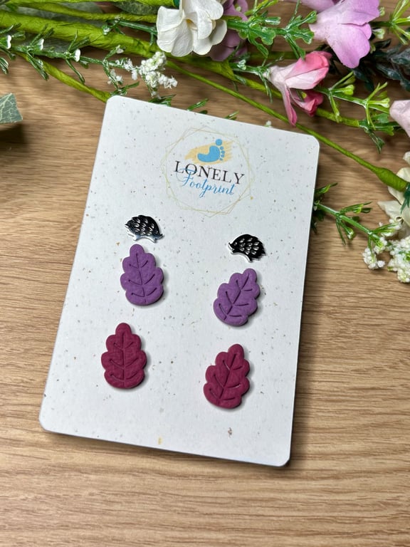 Oak Leaf and Hedgehog Polymer Clay Studs - Lightweight 