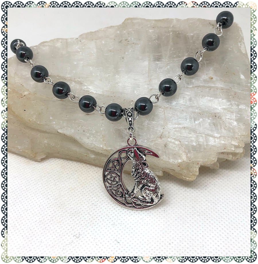 OOAK Howling Wolf necklace with hematite beads