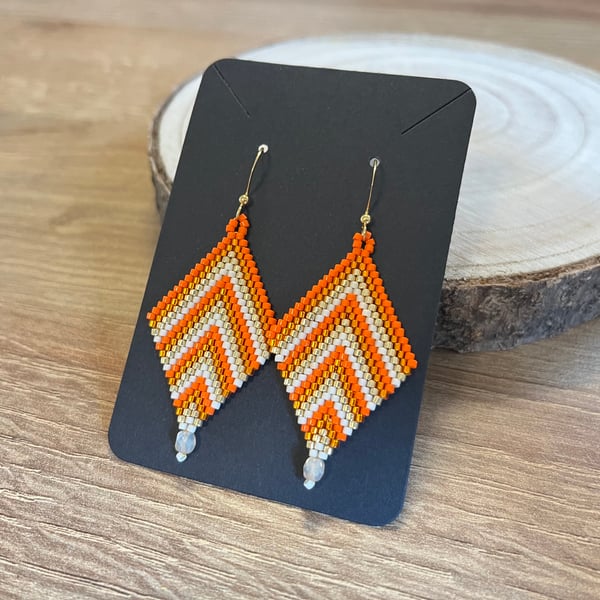 Bright and colourful orange beadwork Chevron earrings with a Czech glass drop