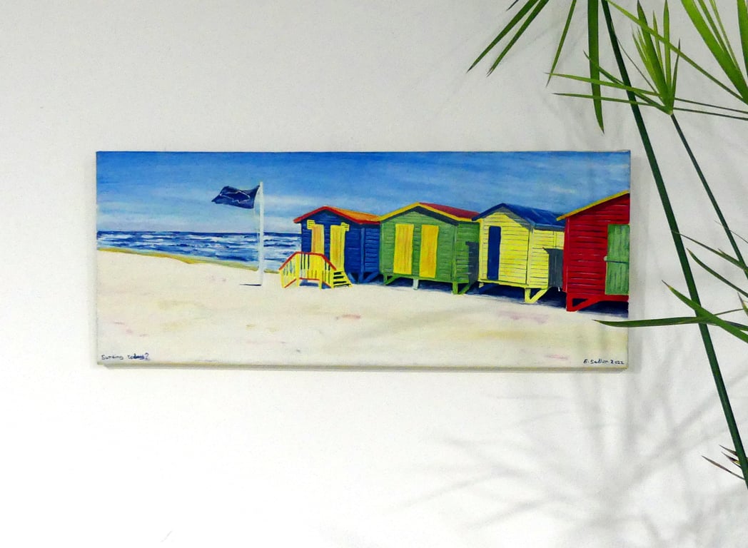 Beach Huts Oil Painting Seaside and Sky Original Canvas Art for Surfers