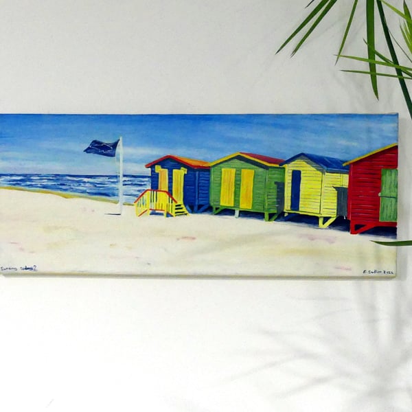 Beach Huts Oil Painting Seaside and Sky Original Canvas Art for Surfers
