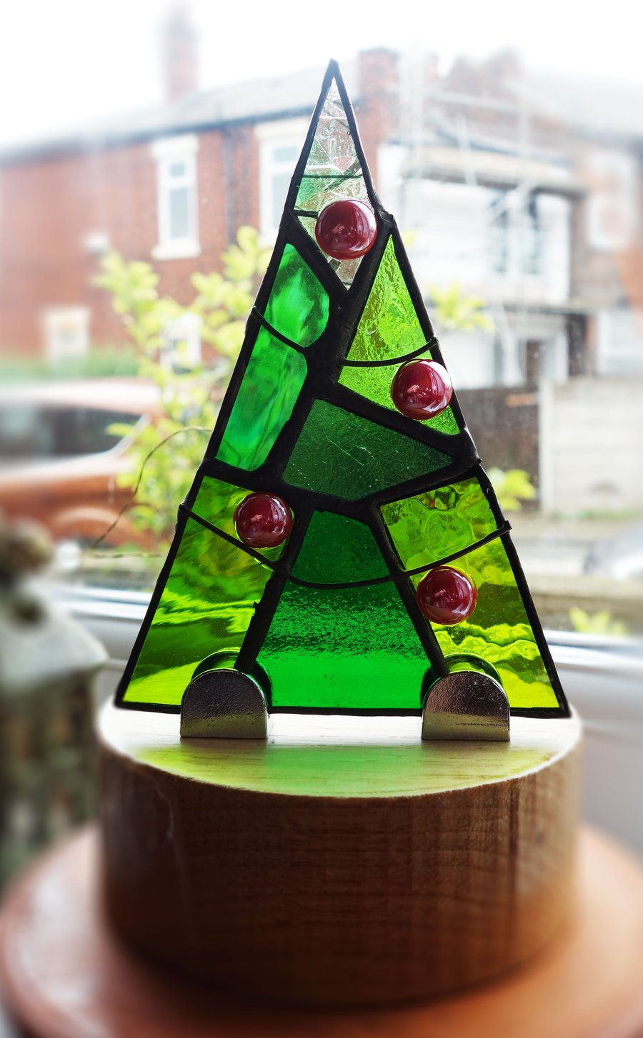 Art Deco style  Stained Glass Festive Trees on solid wood plinth FREE POSTAGE UK
