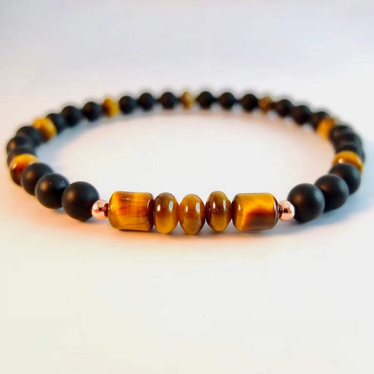 Tigers Eye & Black Onyx Bracelet - Larger Size - Father's Day, Gifts For Men
