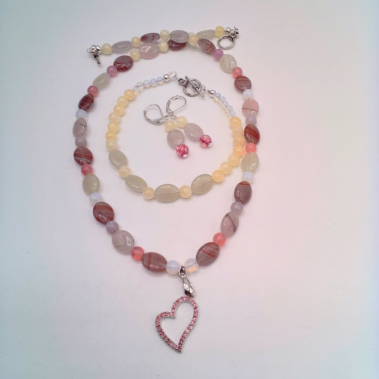 Pink Rhinestone Heart on a Pink Bead Necklace, Bracelet & Earrings, Gift for Her