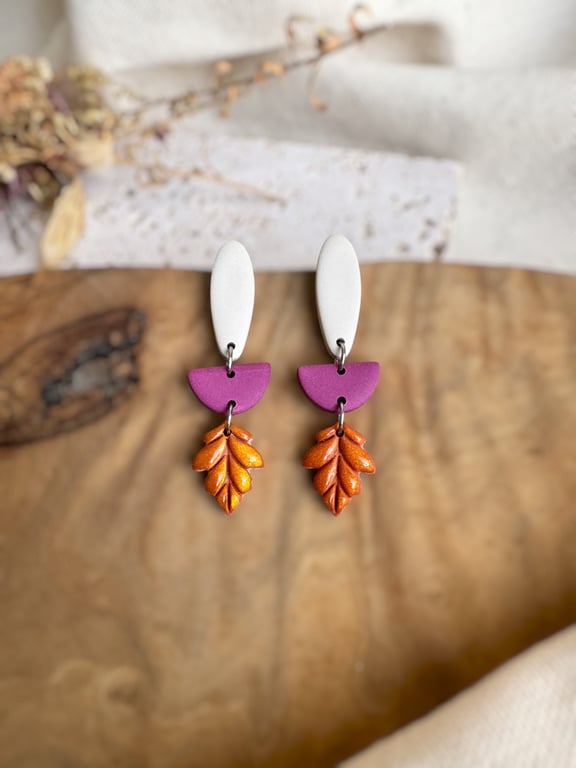 Autumn Stone Magenta-Plum and Amber Leaf Polymer Clay Earrings