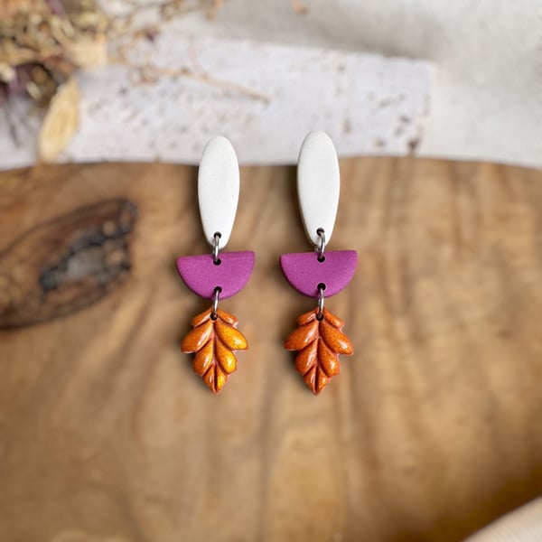 Autumn Stone Magenta-Plum and Amber Leaf Polymer Clay Earrings