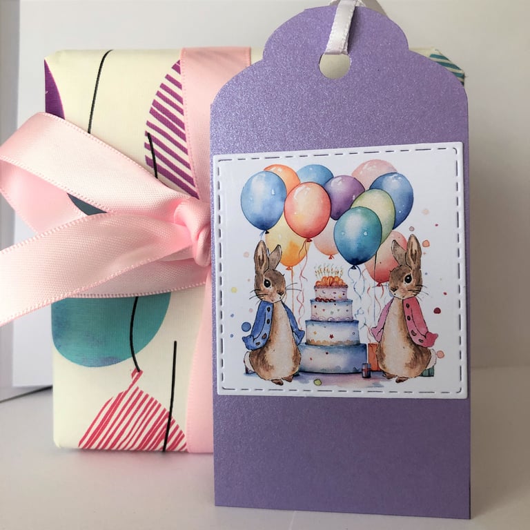 Peter Rabbit Gift Tags, Handmade Lilac Shimmer, Baby Birthday (Set of 4)