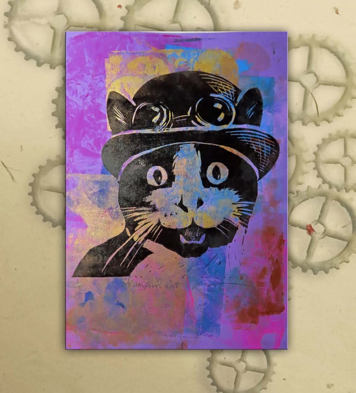 Steampunk Cat One off Hand-Pulled Linocut & Gelli Print Pink