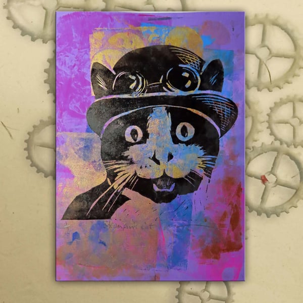 Steampunk Cat One off Hand-Pulled Linocut & Gelli Print Pink
