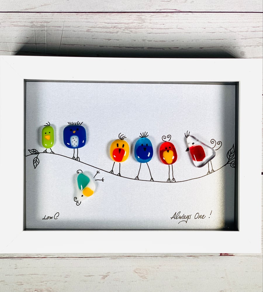 Quirky fused glass “always one “ birdies picture 