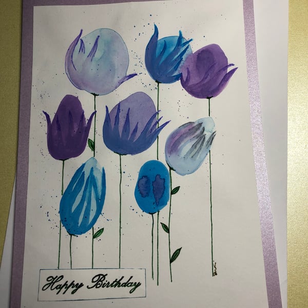 Handpainted purple blue flower watercolour birthday card 