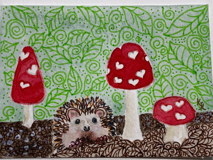 Mixed media painting of a Hedgehog ACEO - free UK postage 