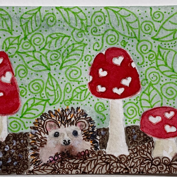 Mixed media painting of a Hedgehog ACEO - free UK postage 