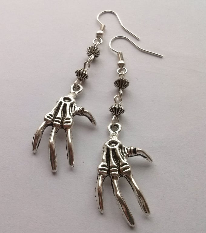 Silver Plate Gothic Skeleton Claw Hand Dangle Dangly Earrings