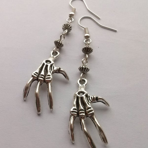 Silver Plate Gothic Skeleton Claw Hand Dangle Dangly Earrings