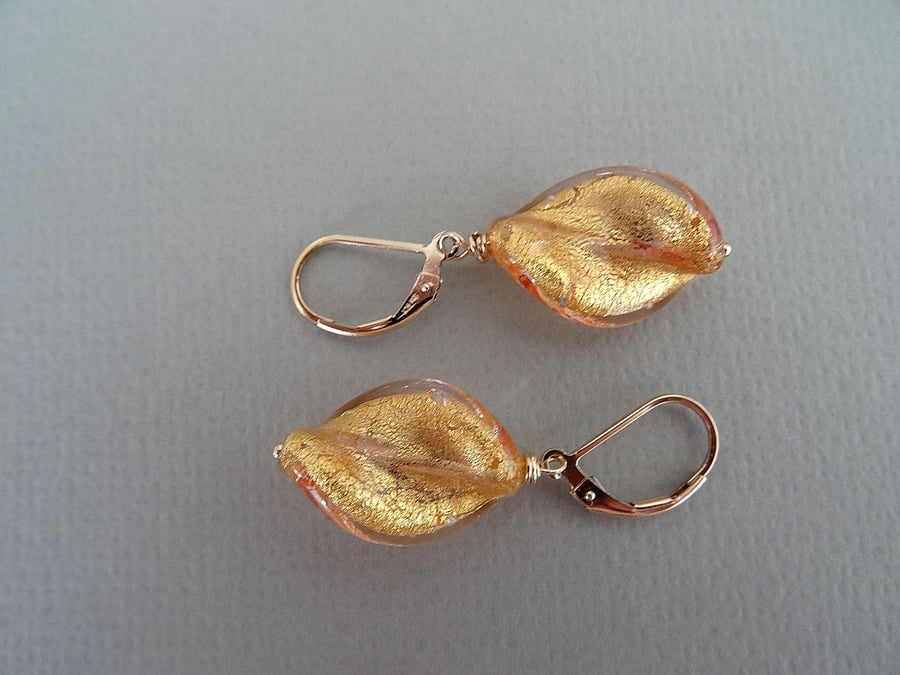 Murano glass earrings,light topaz gold foil twist earrings,gold filled earrings,