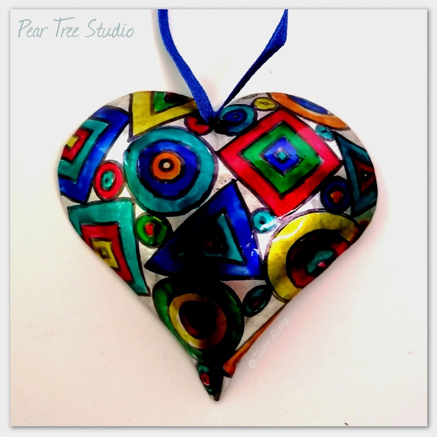 Handmade Small Metal Heart Decoration with abstract pattern. Multi-Coloured.