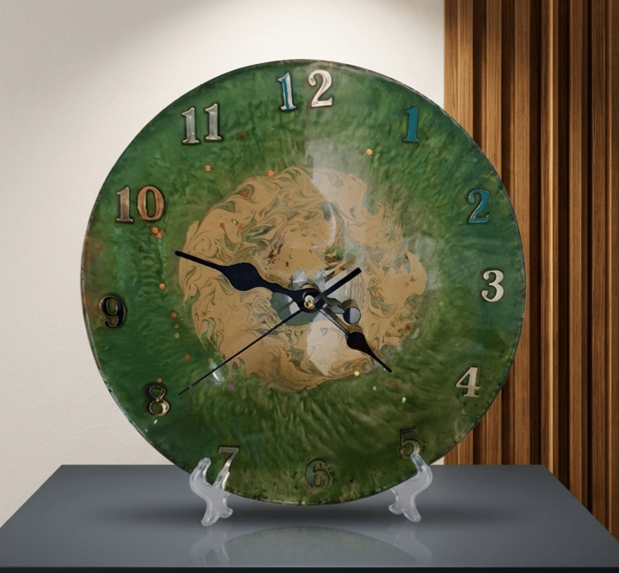 Handmade olive green and gold epoxy resin clock with hanger. Battery operated.