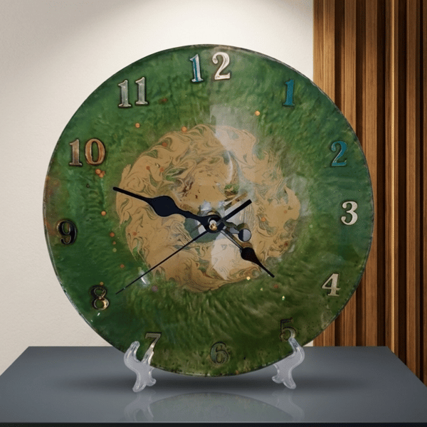 Handmade olive green and gold epoxy resin clock with hanger. Battery operated.