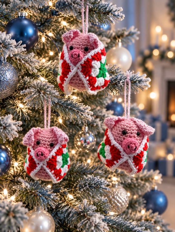 Handmade Crochet Pigs in Blankets – Christmas Tree Decorations
