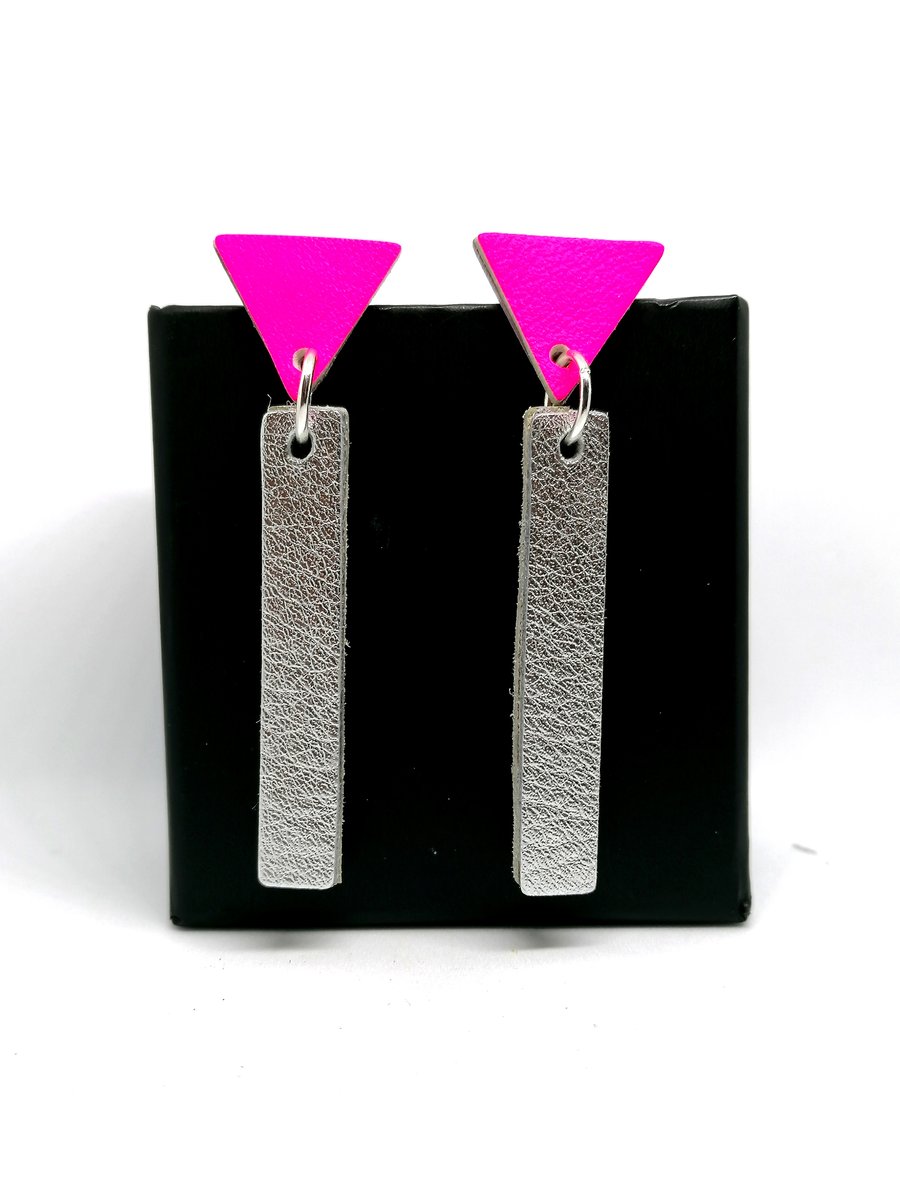 Colour Drop Bar Leather Earrings - Silver & Neon Pink