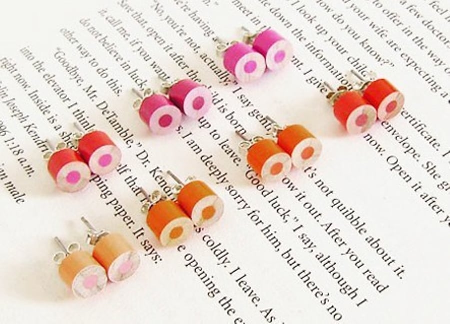colour pencil earring studs, the orange, magenta and red collection