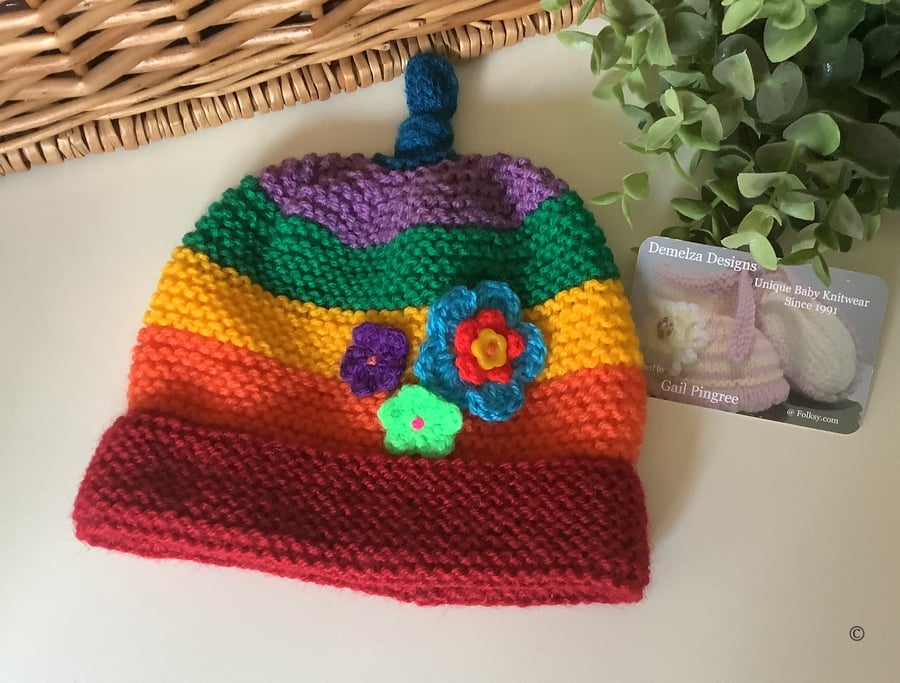 Girl's Hand Knitted Designer Rainbow Flower Hat 2-3 Years Size