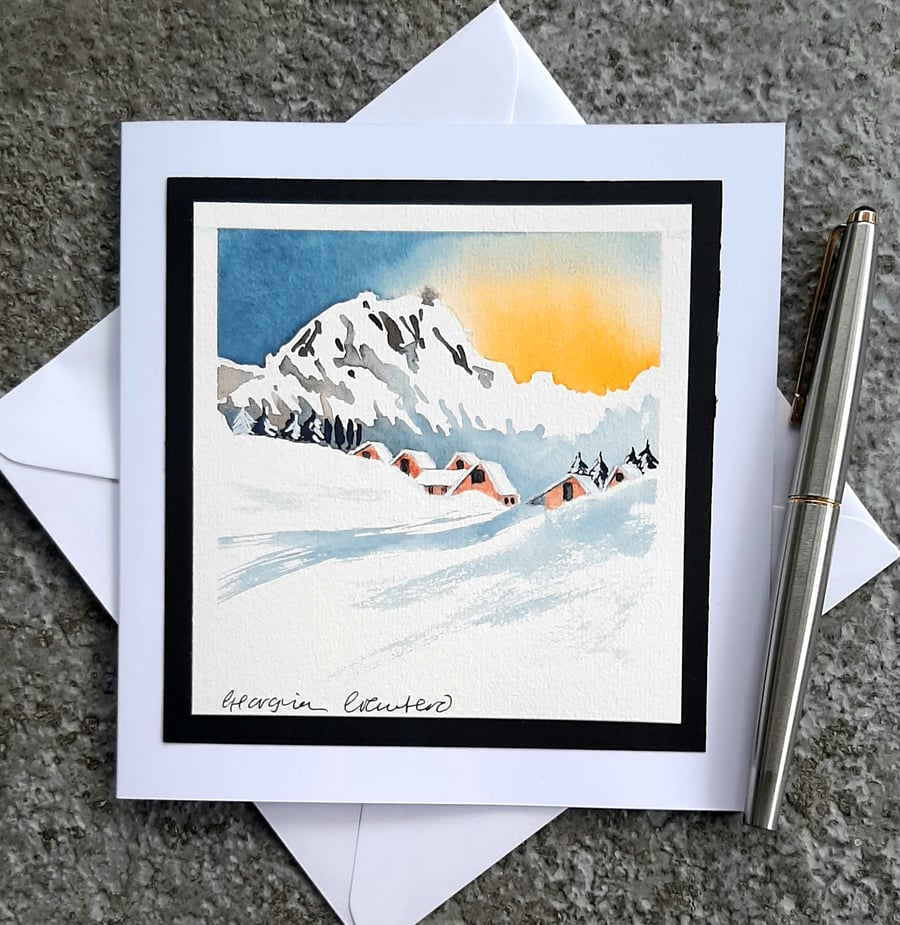 Handpainted Blank Christmas Card. Winter's Eve Sunset with White Snowy Mountains