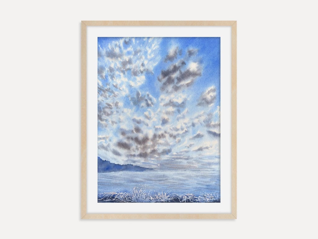 Fluffy Cirrocumulus Clouds Fine Art Print, Blue Sky Watercolor Wall Art Poster