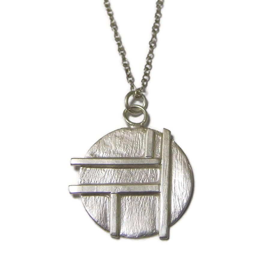 sterling silver grid pattern silver disc pendant