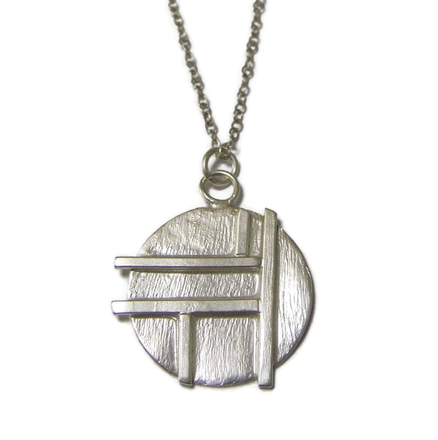 Handmade Sterling Silver Disc Pendant, Geometric Grid Pattern Necklace